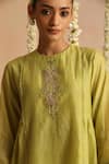 Beige_Lime Cotton Satin Beads, Sequins Round Neck Placket Embroidered Top With Pant _at_Aza_Fashions