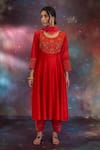 Kacha Tanka_Red Chanderi Embroidery Round Neck Najm Kurta Set _Online_at_Aza_Fashions