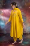 Kacha Tanka_Yellow Chanderi Embroidery Round Neck Najm Kurta Set _Online_at_Aza_Fashions