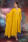 Shop_Kacha Tanka_Yellow Chanderi Embroidery Round Neck Najm Kurta Set _at_Aza_Fashions