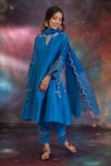 Shop_Kacha Tanka_Blue Chanderi Embroidery Split V-neck Sitara A-line Kurta Set _at_Aza_Fashions