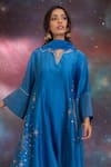 Shop_Kacha Tanka_Blue Chanderi Embroidery Split V-neck Sitara A-line Kurta Set _Online_at_Aza_Fashions