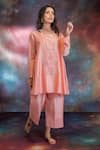 Buy_Kacha Tanka_Peach Chanderi Embroidery Round Neck Sidra A-line Kurta With Pyjama _at_Aza_Fashions