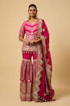 Buy_Monk & Mei By Sonia Anand_Pink Silk, Organza Embroidery, Tassels V-neck Rani Chevron Kurta Sharara Set _at_Aza_Fashions