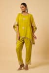 Buy_Monk & Mei By Sonia Anand_Yellow Silk, Organza Embroidery Round Neck Diya Cape And Pant Set _at_Aza_Fashions