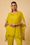Buy_Monk & Mei By Sonia Anand_Yellow Silk, Organza Embroidery Round Neck Diya Cape And Pant Set _Online_at_Aza_Fashions