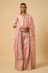 Buy_Monk & Mei By Sonia Anand_Pink Silk, Organza Embroidery, Tassels V-neck Rani Kurta Sharara Set _at_Aza_Fashions