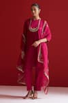 Sitaraa_Red Embroidery Round Neck Tejasi Rubine Kurta With Pant _at_Aza_Fashions