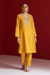 Shop_Sitaraa_Mustard Embroidery V-neck Jwala Kurta With Pant _Online_at_Aza_Fashions