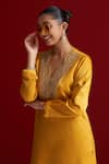 Sitaraa_Mustard Embroidery V-neck Jwala Kurta With Pant _at_Aza_Fashions