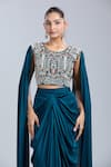 Shop Samyukta Singhania Teal Satin, Georgette Sequins, Beads, Embroidery Round Neck Blouse And Skirt Set Online at Aza Fashions Shop_Samyukta Singhania_Teal Satin, Georgette Sequins, Beads, Embroidery Round Neck Blouse And Skirt Set _Online_at_Aza_Fashions