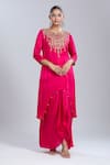 Buy_Samyukta Singhania_Pink Satin Tassels Round Neck Embroidered Tunic And Skirt Set _at_Aza_Fashions