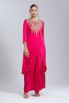 Shop_Samyukta Singhania_Pink Satin Tassels Round Neck Embroidered Tunic And Skirt Set _Online_at_Aza_Fashions