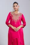 Samyukta Singhania_Pink Satin Tassels Round Neck Embroidered Tunic And Skirt Set _at_Aza_Fashions