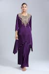 Samyukta Singhania_Purple Satin Tassels, Embroidery Round Neck Tunic And Skirt Set _at_Aza_Fashions