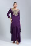 Buy_Samyukta Singhania_Purple Satin Tassels, Embroidery Round Neck Tunic And Skirt Set _at_Aza_Fashions