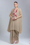Buy_Samyukta Singhania_Beige Crepe, Organza Embroidery Round Neck Cape Tunic And Skirt Set _at_Aza_Fashions