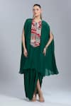 Buy_Samyukta Singhania_Green Crepe, Organza Embroidery Round , Square Cape Tunic And Skirt Set _at_Aza_Fashions