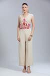 Buy_Samyukta Singhania_Beige Crepe Tassels, Embroidery V-neck Jacket And Pant Set _Online_at_Aza_Fashions