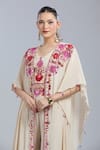 Samyukta Singhania_Beige Crepe Tassels, Embroidery V-neck Jacket And Pant Set _at_Aza_Fashions