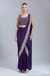 Buy_Samyukta Singhania_Purple Crepe Embroidery, Beads Round Neck, Open Blouse And Pre-draped Saree Set _Online_at_Aza_Fashions