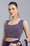 Shop_Samyukta Singhania_Purple Crepe Embroidery, Beads Round Neck, Open Blouse And Pre-draped Saree Set _Online_at_Aza_Fashions
