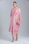Shop_Samyukta Singhania_Pink Georgette Beads Round Neck Draped Kaftan _Online_at_Aza_Fashions