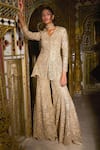 Buy_Dash And Dot_Gold Polyester Embroidery V-neck Lace Peplum Tunic And Sharara Set _at_Aza_Fashions