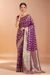 Buy_Samyukta Singhania_Purple Zari Round Neck Woven Banarasi Silk Saree With Blouse _at_Aza_Fashions