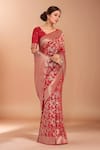 Buy_Samyukta Singhania_Red Embroidery, Zari V-neck Woven Banarasi Silk Saree With Blouse _Online_at_Aza_Fashions