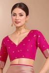 Shop_Samyukta Singhania_Pink Embroidery, Zari V-neck Woven Banarasi Silk Saree With Blouse _Online_at_Aza_Fashions