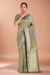 Buy_Samyukta Singhania_Green Zari V-neck Woven Banarasi Silk Saree With Blouse _at_Aza_Fashions