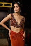 Buy_Diyarajvvir_Rust Crepe, Lycra Beads V-neck Cutwork Blouse With Dhoti Skirt _Online_at_Aza_Fashions