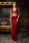Shop_Diyarajvvir_Red Crepe, Lycra Sequins V-neck Cutwork Blouse With Dhoti Skirt _Online_at_Aza_Fashions
