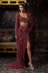 Diyarajvvir Maroon Tulle Sequins, Beads, Embroidery Round Embellished Blouse With Slit Skirt Online at Aza Fashions Diyarajvvir_Maroon Tulle Sequins, Beads, Embroidery Round Embellished Blouse With Slit Skirt _Online_at_Aza_Fashions
