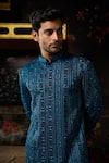 Shop_Diyarajvvir_Blue Dupion, Silk, Doriya Embroidery Jacket With Pant _at_Aza_Fashions
