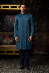 Buy_Diyarajvvir_Blue Dupion, Silk, Doriya Embroidery Jacket With Pant _at_Aza_Fashions