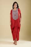 Prisho_Orange Embroidery Round Neck Yoke Kaftan With Skirt _Online_at_Aza_Fashions