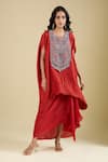Buy_Prisho_Orange Embroidery Round Neck Yoke Kaftan With Skirt _at_Aza_Fashions
