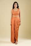 Prisho_Orange Beads, Pearls High Neck, Placement Embroidered Cape Draped Skirt Set _Online_at_Aza_Fashions