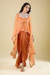 Shop_Prisho_Orange Beads, Pearls High Neck, Placement Embroidered Cape Draped Skirt Set _Online_at_Aza_Fashions