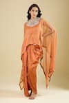 Buy_Prisho_Orange Beads, Pearls High Neck, Placement Embroidered Cape Draped Skirt Set _at_Aza_Fashions