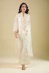 Prisho_Ivory Tassels, Embroidery Mandarin Collar Jacket Pant Set _at_Aza_Fashions