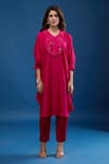 Prisho_Fuchsia Sequins, Embroidery V-neck Applique Work Kaftan With Pant _at_Aza_Fashions