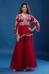 Buy_Prisho_Red Embroidery, Tassels V-neck Peplum Top And Sharara Set _at_Aza_Fashions
