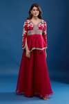 Buy_Prisho_Red Embroidery, Tassels V-neck Peplum Top And Sharara Set _Online_at_Aza_Fashions