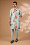 Buy_Rabani & Rakha_Aqua Silk, Cotton Sequins Floral Print Bundi Kurta Set _Online_at_Aza_Fashions