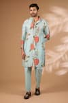 Buy_Rabani & Rakha_Aqua Silk, Cotton Sequins Printed Kurta With Pant _at_Aza_Fashions