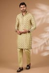 Shop_Rabani & Rakha_Olive Green Silk, Cotton Sequins Printed Bundi Kurta Set _Online_at_Aza_Fashions