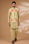 Buy_Rabani & Rakha_Olive Green Silk, Cotton Sequins Printed Bundi Kurta Set _at_Aza_Fashions